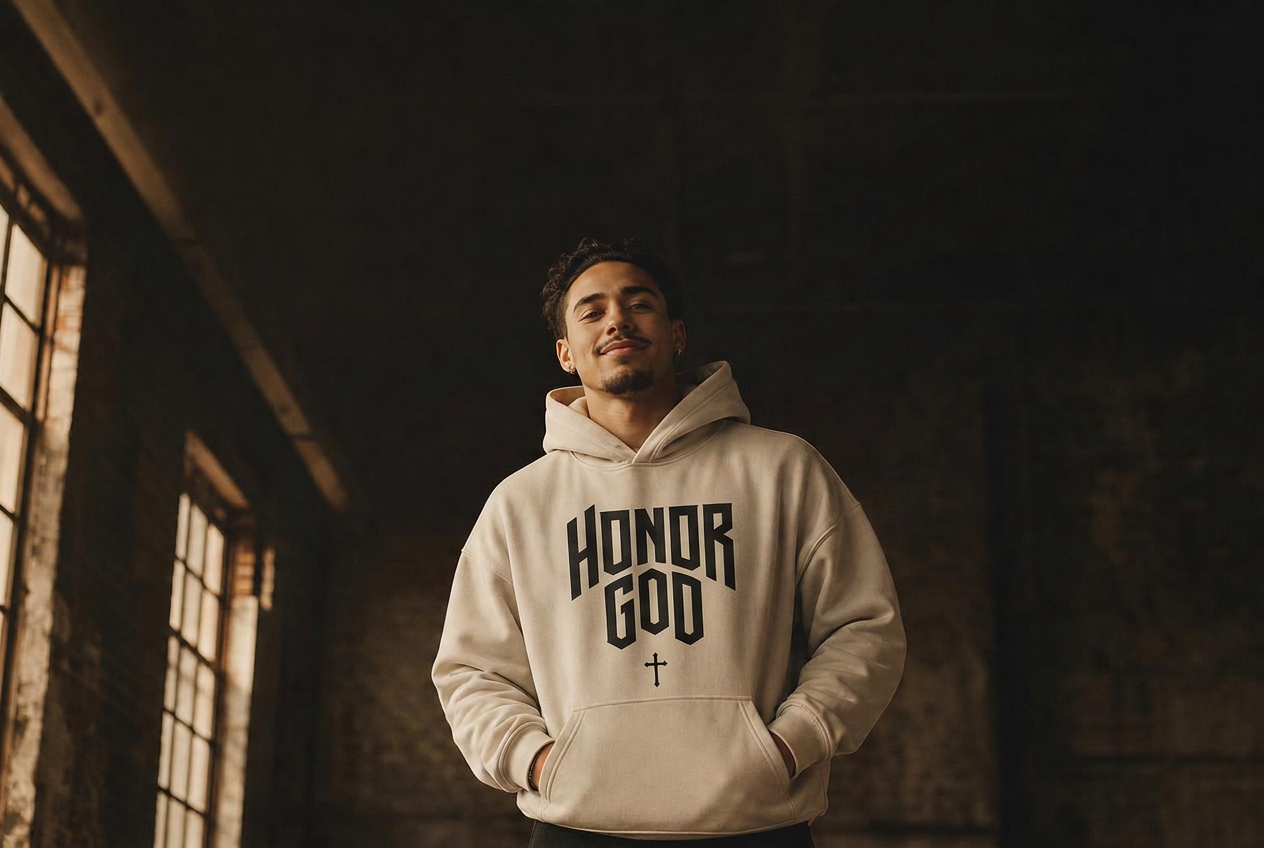 Builder in an oversized HONOR GOD hoodie inside a dark warehouse at night